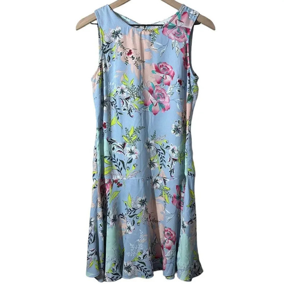Nicole Miller Light Blue Floral Sleeveless Swing Drop Waist Dress Size 6 - Picture 2 of 12